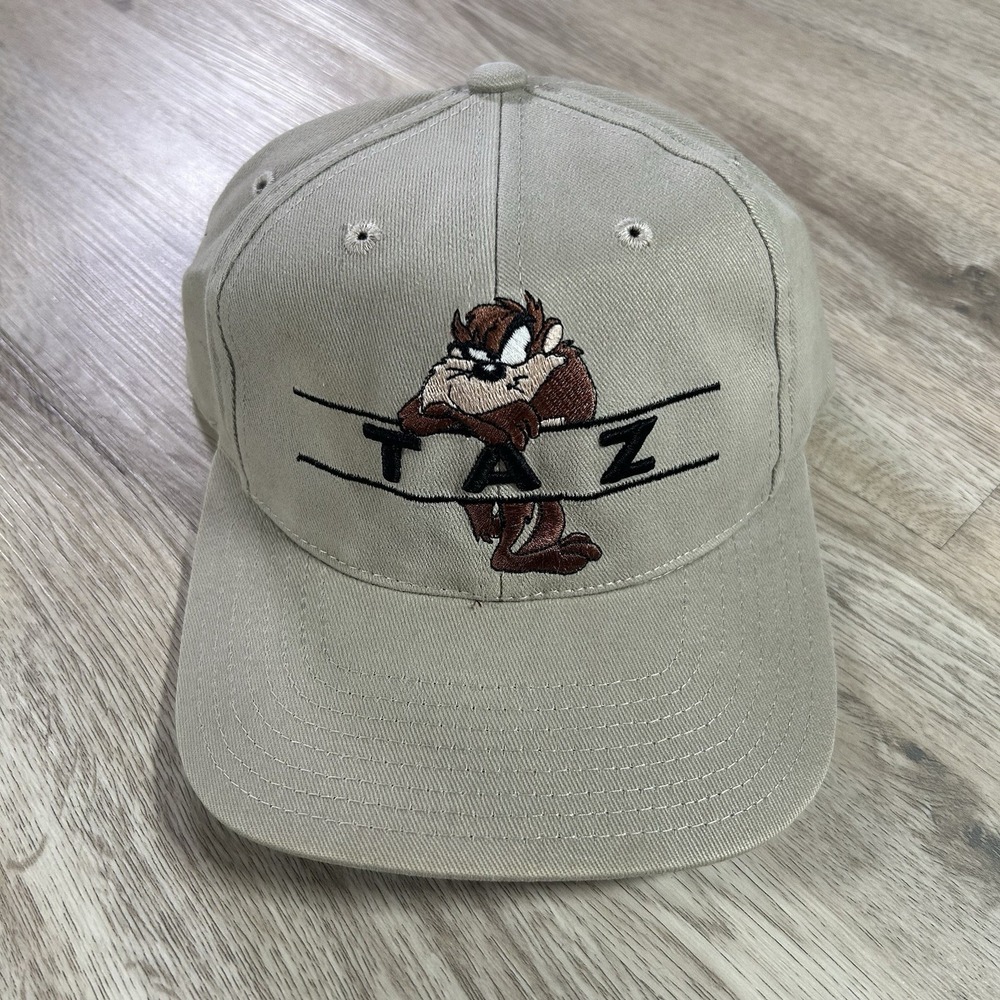 VTG 1998 Taz‎ Snapback Hat Warner Brothers Beige Tan Bar Line Cap